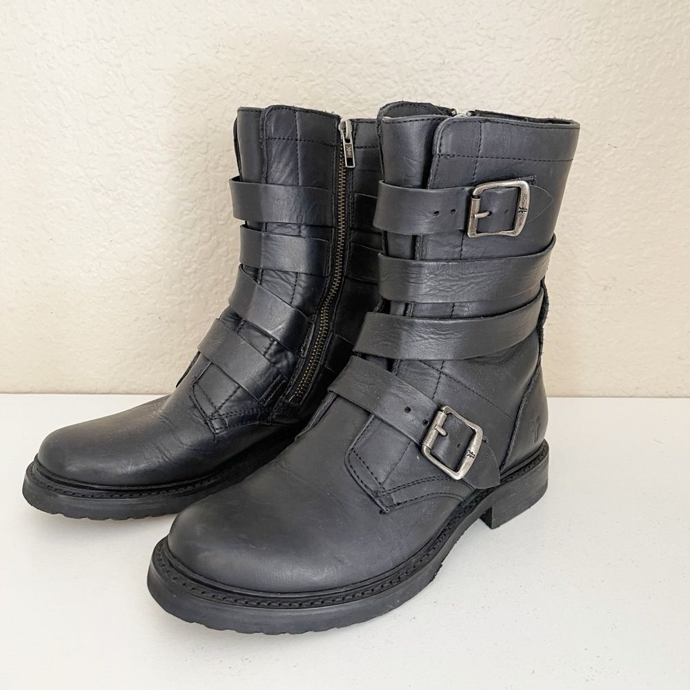 FRYE Veronica black leather combat Tanker Moto Boot 7 - Picture 16 of 17